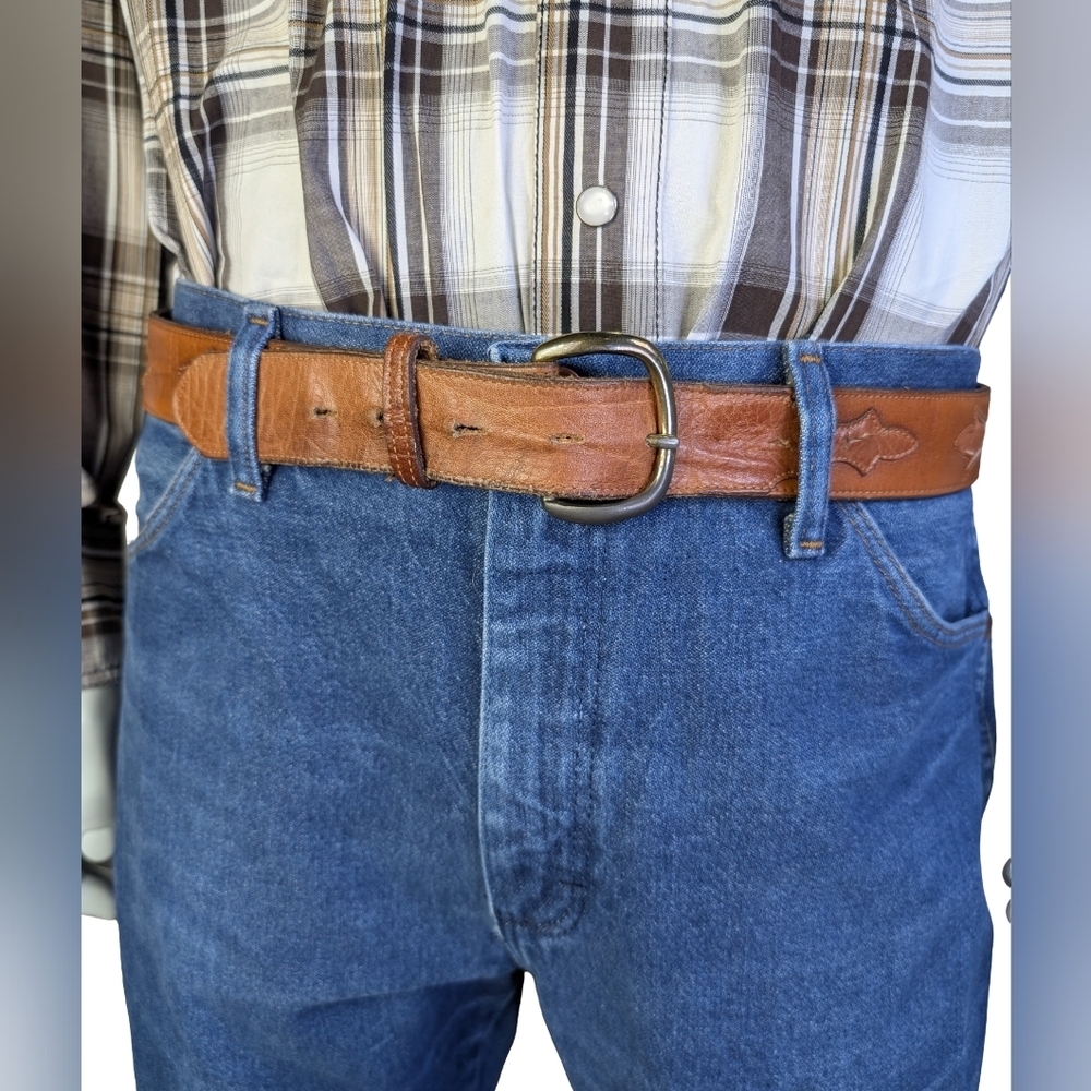 Justin Brown Leather Western Cutout Belt Removable Buckle 1.5" Wide | Size 38
